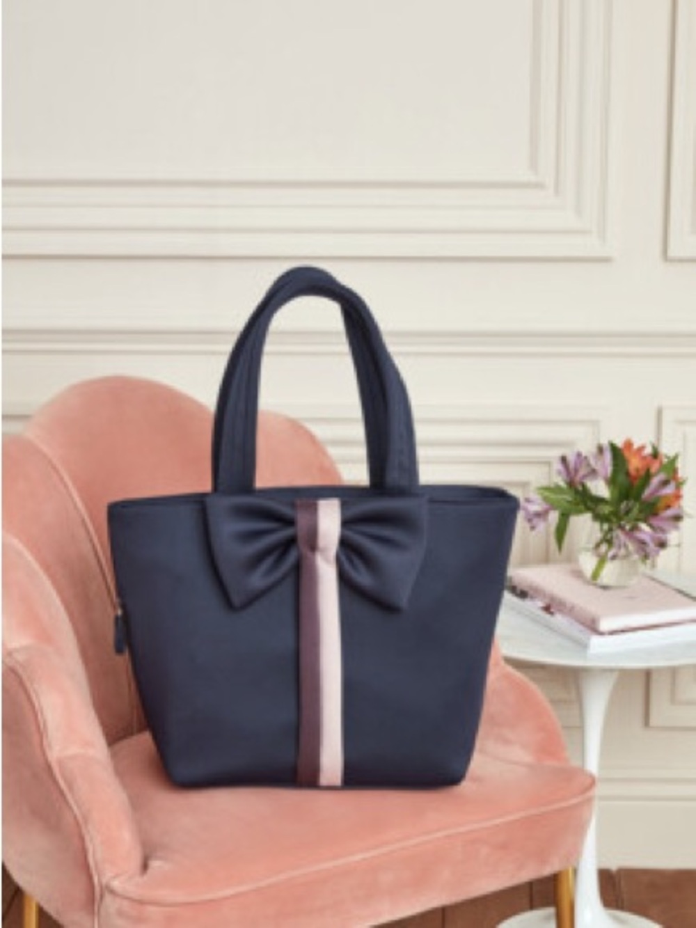 Stella & Dot Navy Bow Accent Soft Tote Bag with Pink Stripe